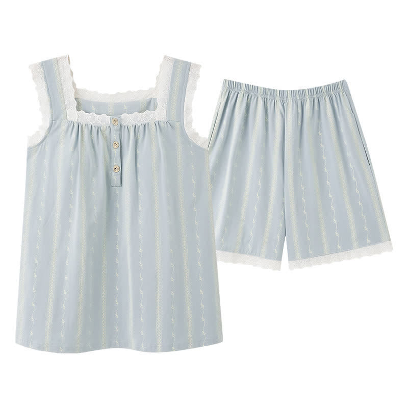Camicia da notte senza maniche in cotone e pizzo azzurro chiaro - image 5