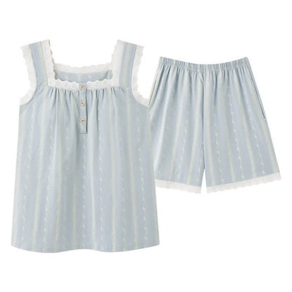 Camicia da notte senza maniche in cotone e pizzo azzurro chiaro - image 5