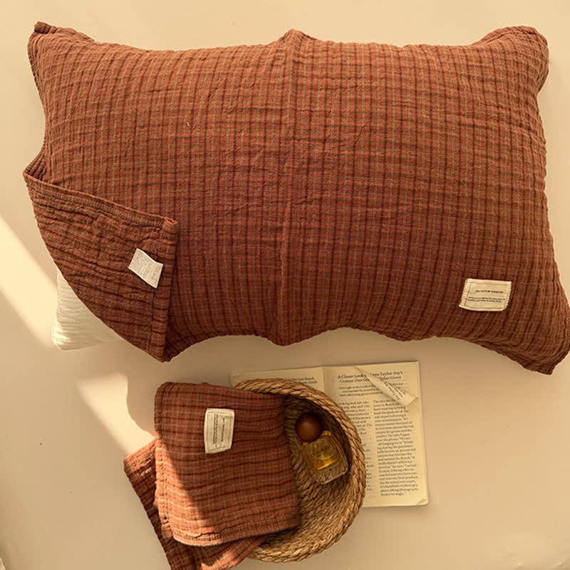 Fodera per cuscino in cotone a doppia garza con motivo a griglia vintage - 20'' × 30'' - Rosso - 2 pezzi - image 1