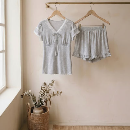 Completo da casa color grigio nebbia con fiocco in pizzo - Grigio - XL - image 0