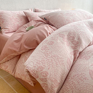 Set di biancheria da letto in jacquard di cotone lavato con motivo botanico. - Rosa - Matrimoniale Grande - Foglio piano - image 0