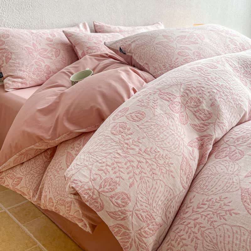 Set di biancheria da letto in jacquard di cotone lavato con motivo botanico. - Rosa - Matrimoniale Grande - Foglio piano - image 0