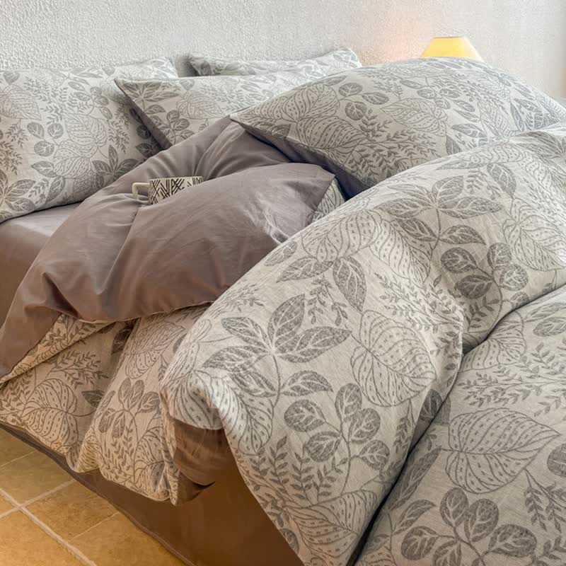 Set di biancheria da letto in jacquard di cotone lavato con motivo botanico. - Grigio - Matrimoniale Grande - Foglio piano - image 4