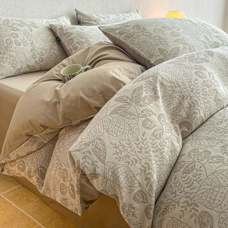 Set di biancheria da letto in jacquard di cotone lavato con motivo botanico. - Marrone - Matrimoniale Grande - Foglio piano - image 8