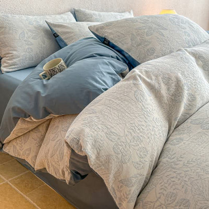 Set di biancheria da letto in jacquard di cotone lavato con motivo botanico. - Blu - Matrimoniale Grande - Foglio piano - image 12