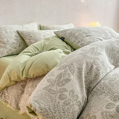 Set di biancheria da letto in jacquard di cotone lavato con motivo botanico. - Verde - Matrimoniale Grande - Foglio piano - image 16