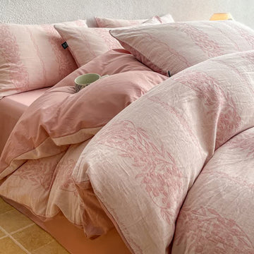 Set di biancheria da letto in jacquard di cotone lavato con motivi botanici - Rosa - Matrimoniale Grande - Foglio piano - image 0