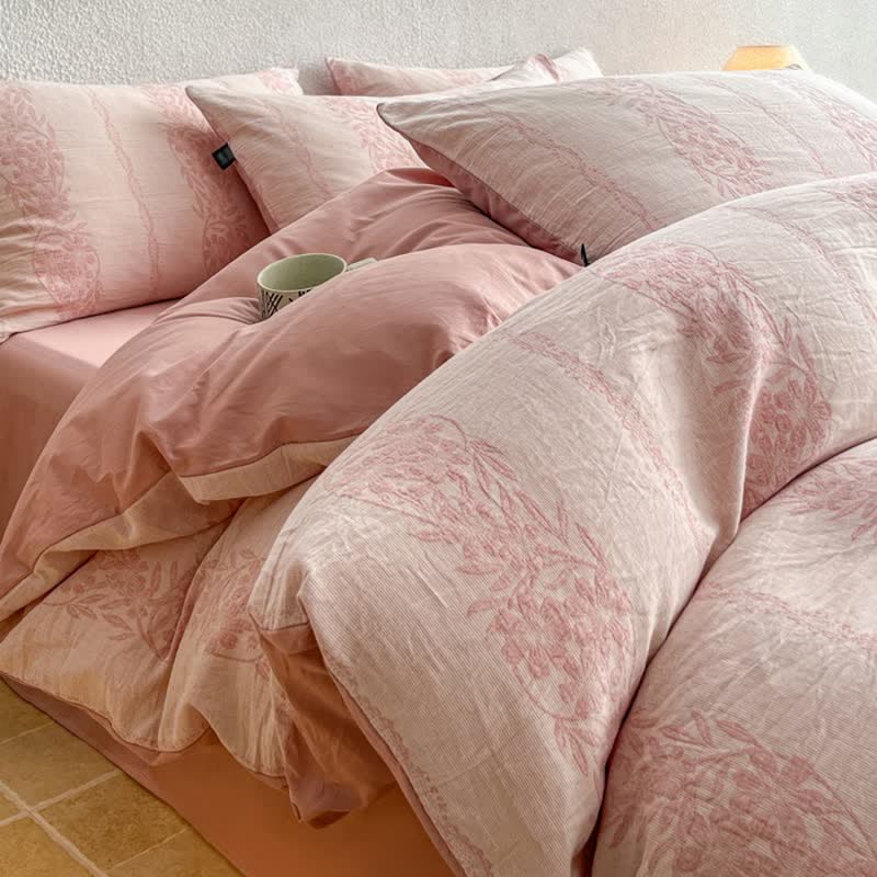 Set di biancheria da letto in jacquard di cotone lavato con motivi botanici - Rosa - Matrimoniale Grande - Foglio piano - image 0