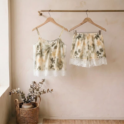 Completo da casa con canotta in pizzo floreale beige - Beige - 2XL - image 0