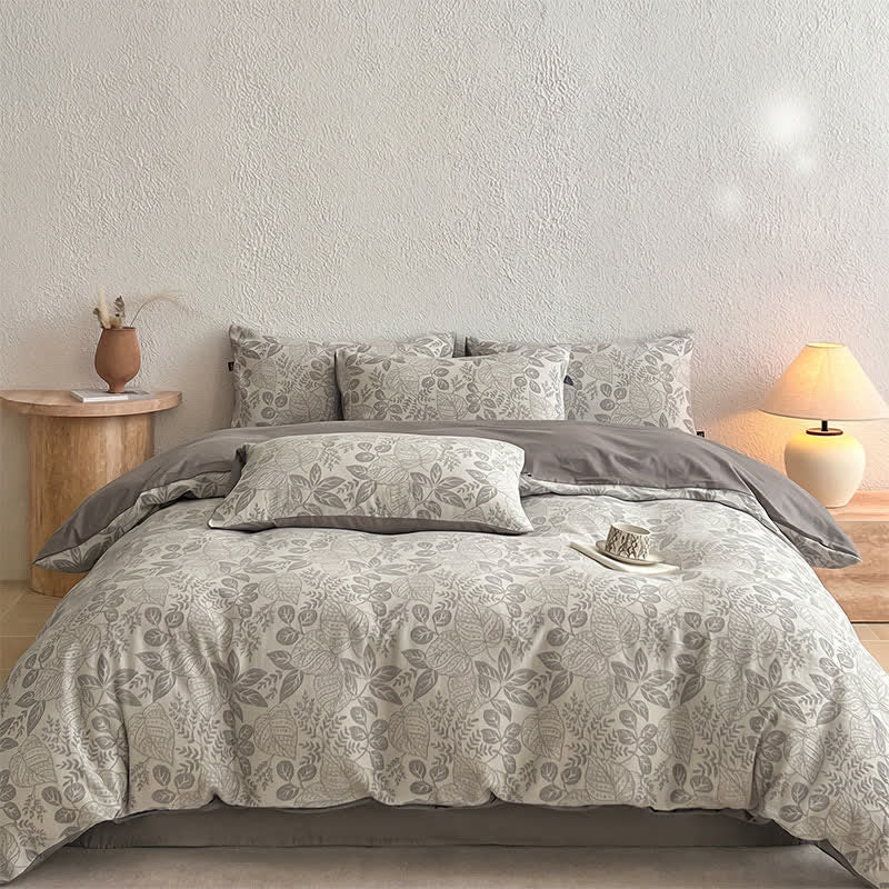 Set di biancheria da letto in jacquard di cotone lavato con motivo botanico. - image 5