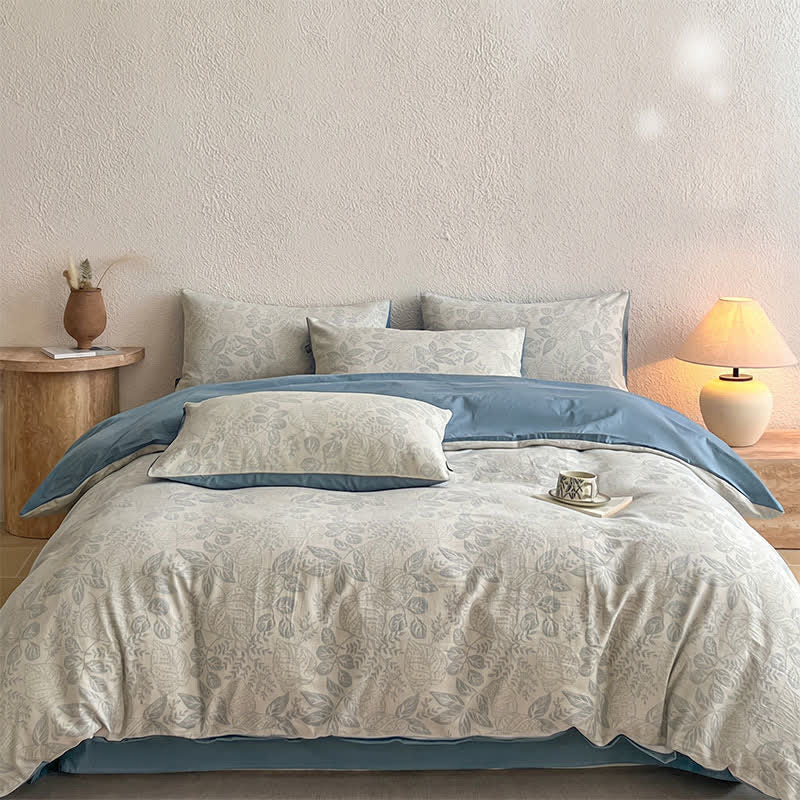 Set di biancheria da letto in jacquard di cotone lavato con motivo botanico. - image 13
