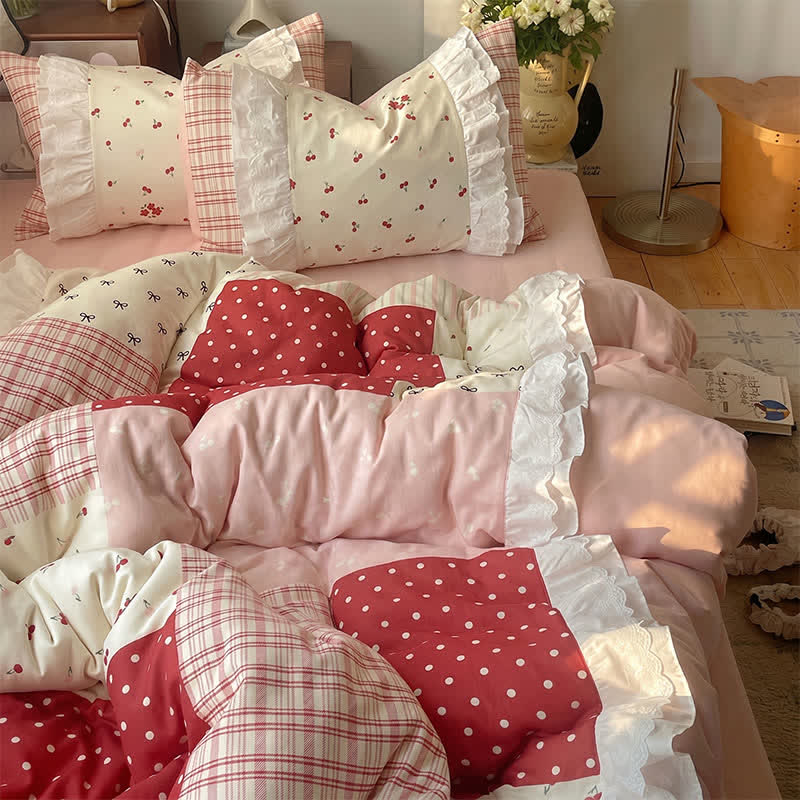 Set di biancheria da letto in garza di cotone con volant color ciliegia dolce - Rosso - Matrimoniale Grande - Foglio piano - image 0