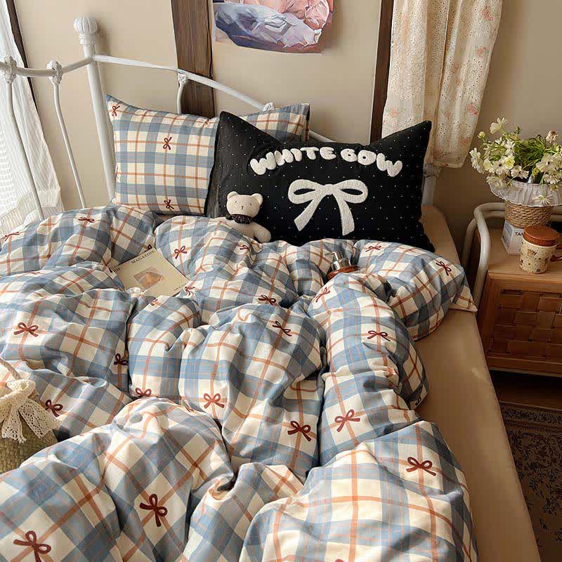 Set di biancheria da letto in morbido cotone lavato con motivo a fiocchi e quadri. - Blu - Matrimoniale Grande - Foglio piano - image 0