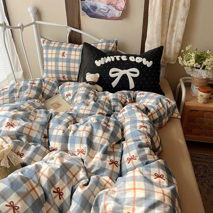 Set di biancheria da letto in morbido cotone lavato con motivo a fiocchi e quadri. - Blu - Matrimoniale Grande - Foglio piano - image 0