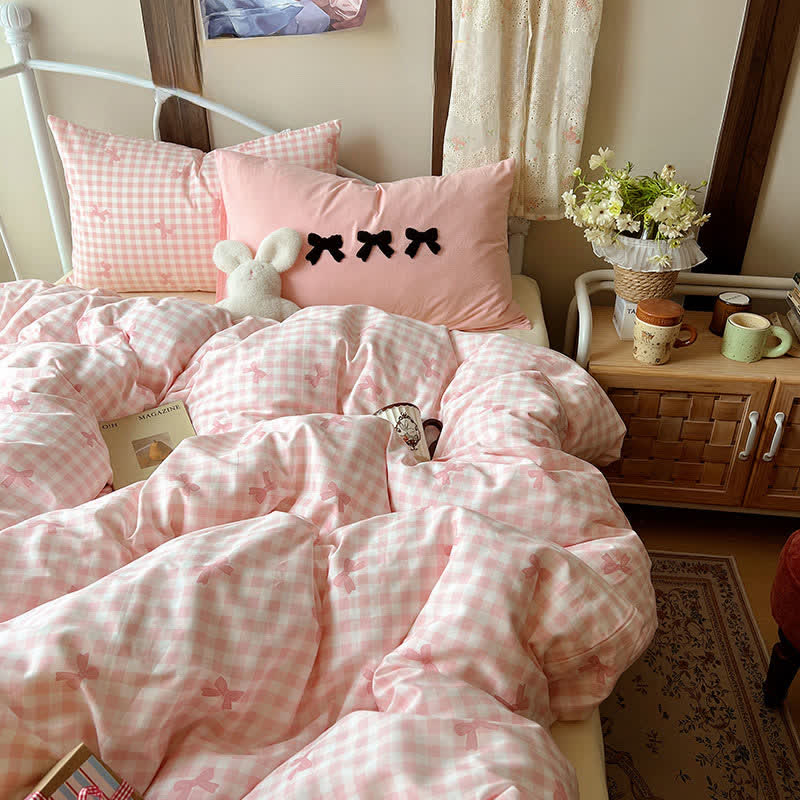 Set di biancheria da letto in morbido cotone lavato con motivo a fiocchi e quadri. - Rosa - Matrimoniale Grande - Foglio piano - image 4