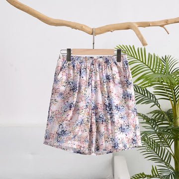Pantaloncini da casa estivi in ​​cotone con stampa floreale e vita arricciata. - Viola - 6XL - image 0