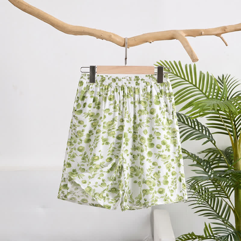 Pantaloncini da casa estivi in ​​cotone con stampa floreale. - Verde - 6XL - image 0