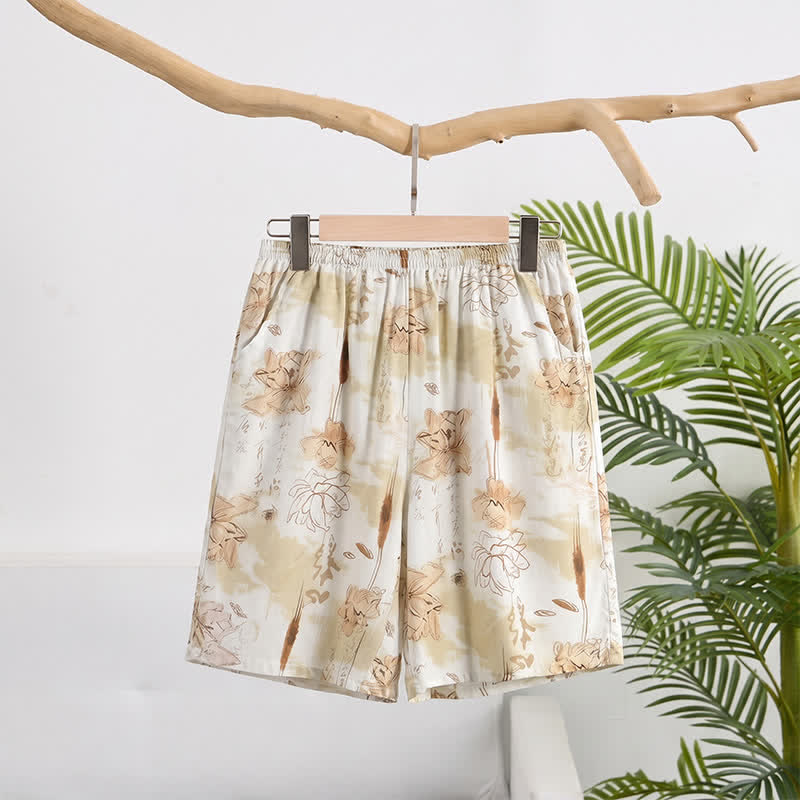 Pantaloncini da casa in morbido cotone con stampa floreale - Beige - 6XL - image 0