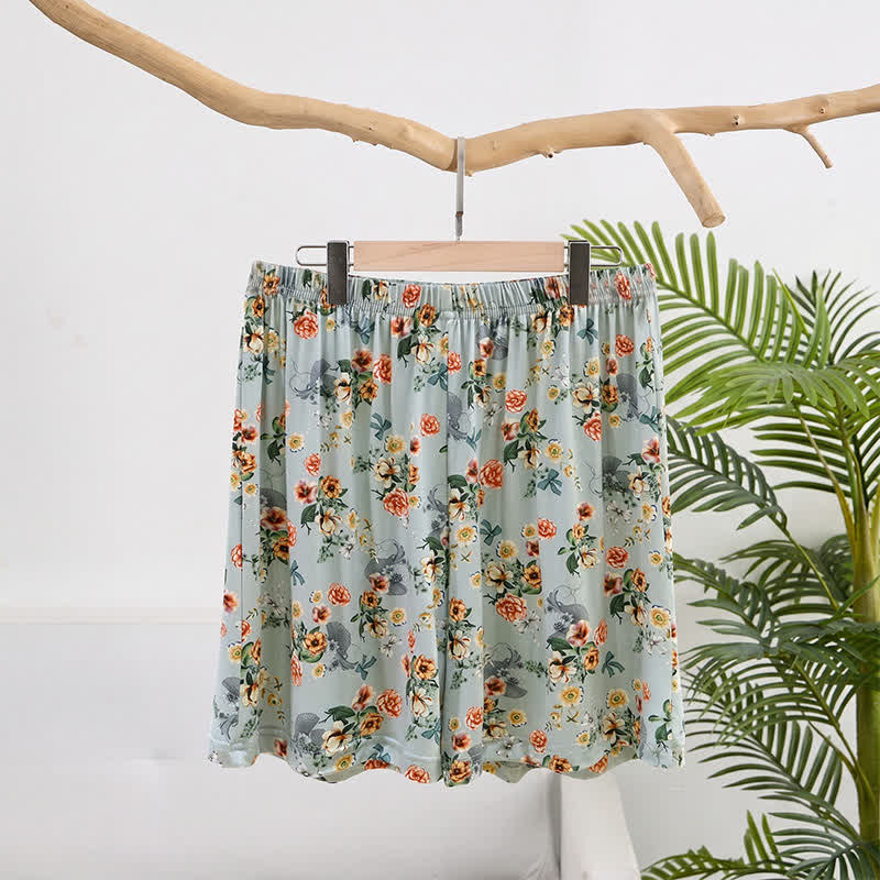Pantaloncini estivi da relax con orlo a balze e stampa floreale vintage. - Blu - 2XL - image 0