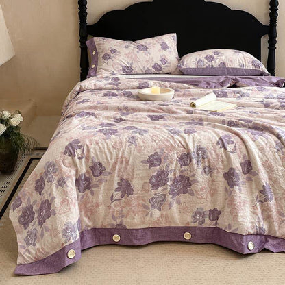 Coperta/trapunta romantica in cotone e lino con motivo floreale viola - image 1