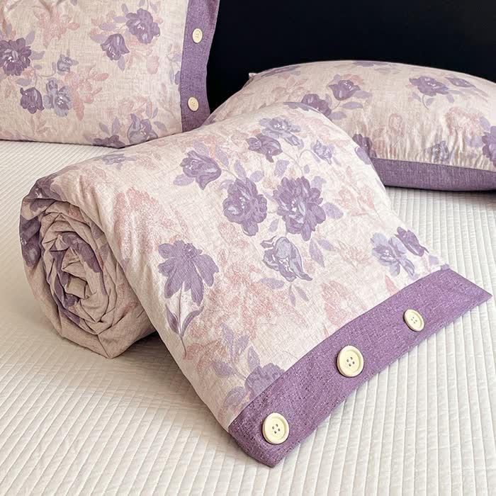 Coperta/trapunta romantica in cotone e lino con motivo floreale viola - image 5