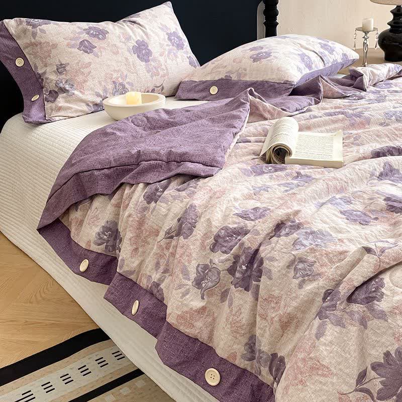 Coperta/trapunta romantica in cotone e lino con motivo floreale viola - 2 federe - 48cm x 74cm - image 0