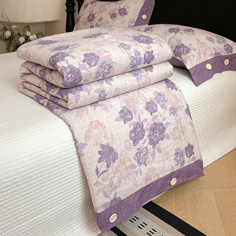 Coperta/trapunta romantica in cotone e lino con motivo floreale viola - image 6