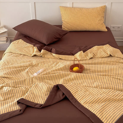 Accogliente set di biancheria da letto in cotone a righe bicolore in stile rustico - Marrone senape - Matrimoniale - Set di biancheria da letto - image 4