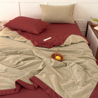 Accogliente set di biancheria da letto in cotone a righe bicolore in stile rustico - Rosso arancio - Matrimoniale - Set di biancheria da letto - image 0