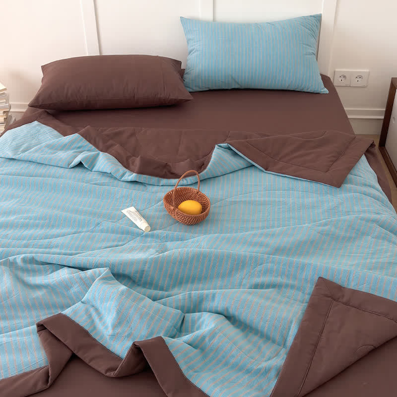 Accogliente set di biancheria da letto in cotone a righe bicolore in stile rustico - Marrone Blu - Matrimoniale - Set di biancheria da letto - image 8