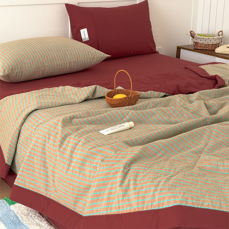 Accogliente set di biancheria da letto in cotone a righe bicolore in stile rustico - image 2