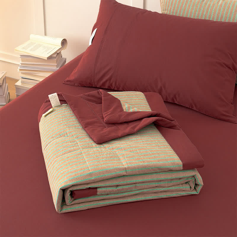 Accogliente set di biancheria da letto in cotone a righe bicolore in stile rustico - image 3
