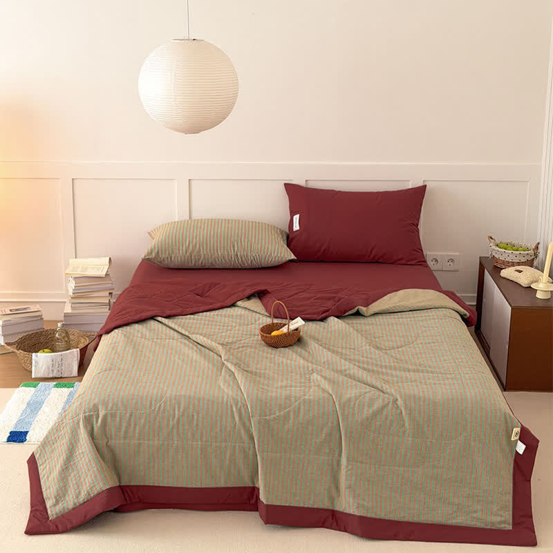 Accogliente set di biancheria da letto in cotone a righe bicolore in stile rustico - image 1