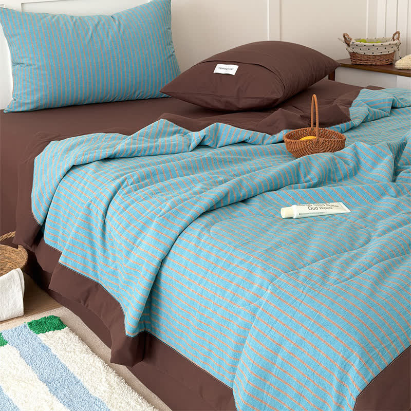 Accogliente set di biancheria da letto in cotone a righe bicolore in stile rustico - image 9