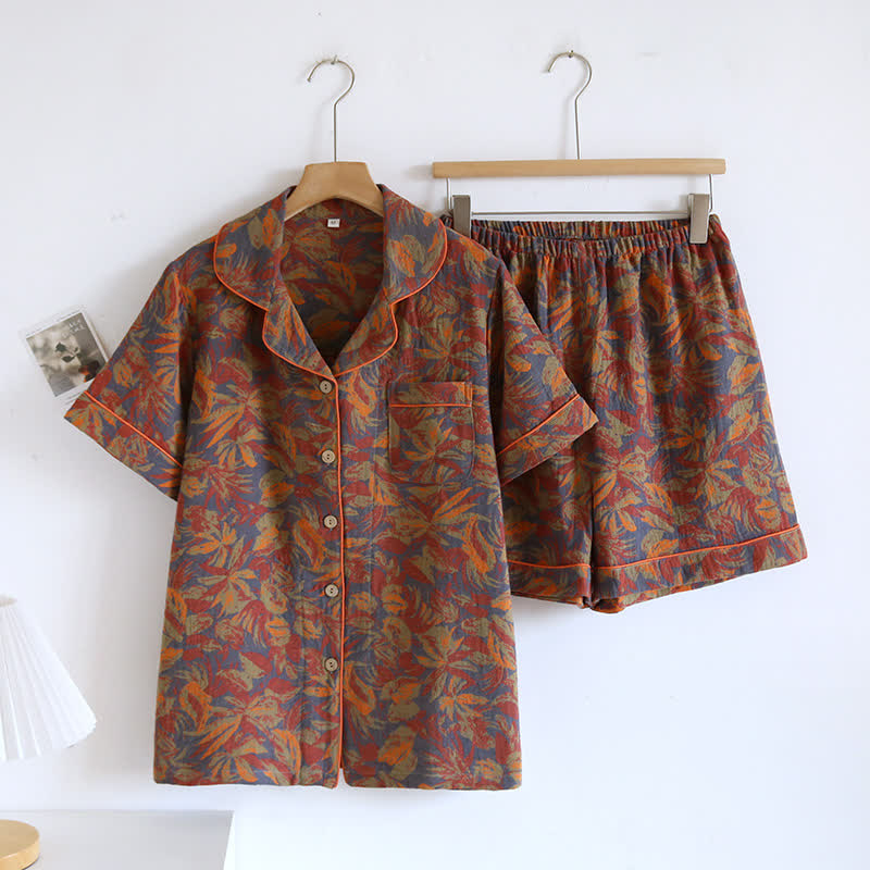 Completo da casa in cotone con stampa a foglie vintage - Marrone - 2XL - image 0