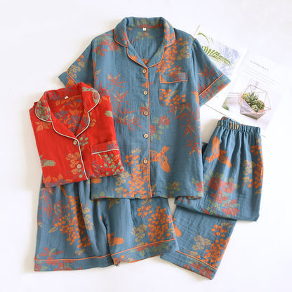 Completo da casa in cotone con stampa floreale e uccellini in stile vintage - image 1