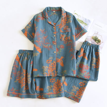 Completo da casa in cotone con stampa floreale e uccellini in stile vintage - Blu - XL - image 0
