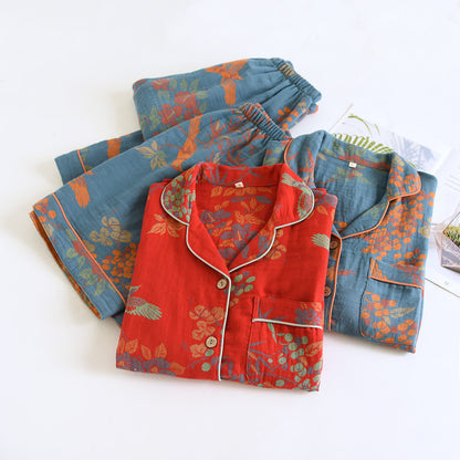 Completo da casa in cotone con stampa floreale e uccellini in stile vintage - image 2