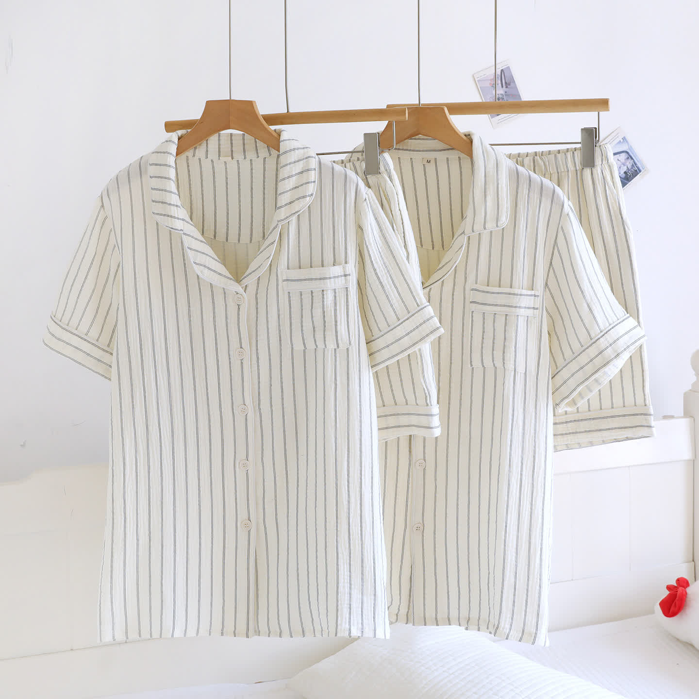 Completo estivo casual a righe con colletto alla coreana - Bianco - Uomo XL - image 0