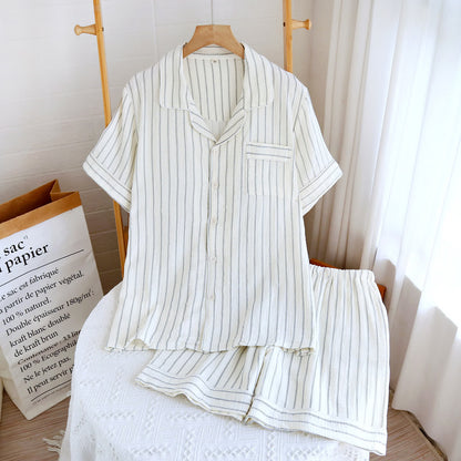 Completo estivo casual a righe con colletto alla coreana - image 1