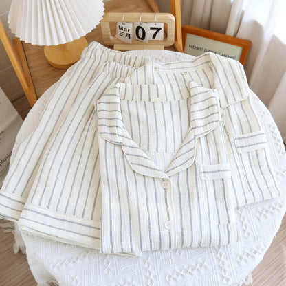 Completo estivo casual a righe con colletto alla coreana - image 3