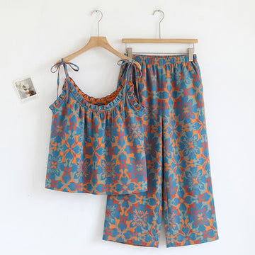 Set pigiama Boho floreale con cinturino - Blu e arancione - XL - image 0
