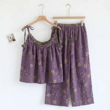 Completo pigiama vintage con canotta e pantaloni a fantasia floreale. - Viola e verde - XL - image 0