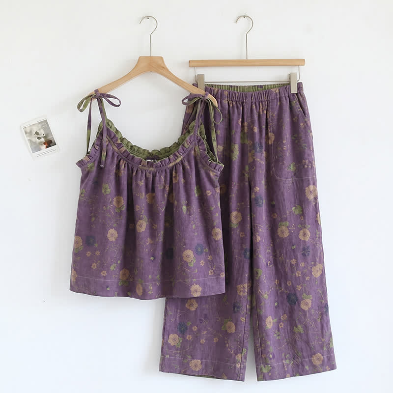 Completo pigiama vintage con canotta e pantaloni a fantasia floreale. - Viola e verde - XL - image 0
