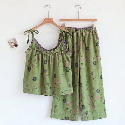 Completo pigiama vintage con canotta e pantaloni a fantasia floreale. - Verde e viola - XL - image 4