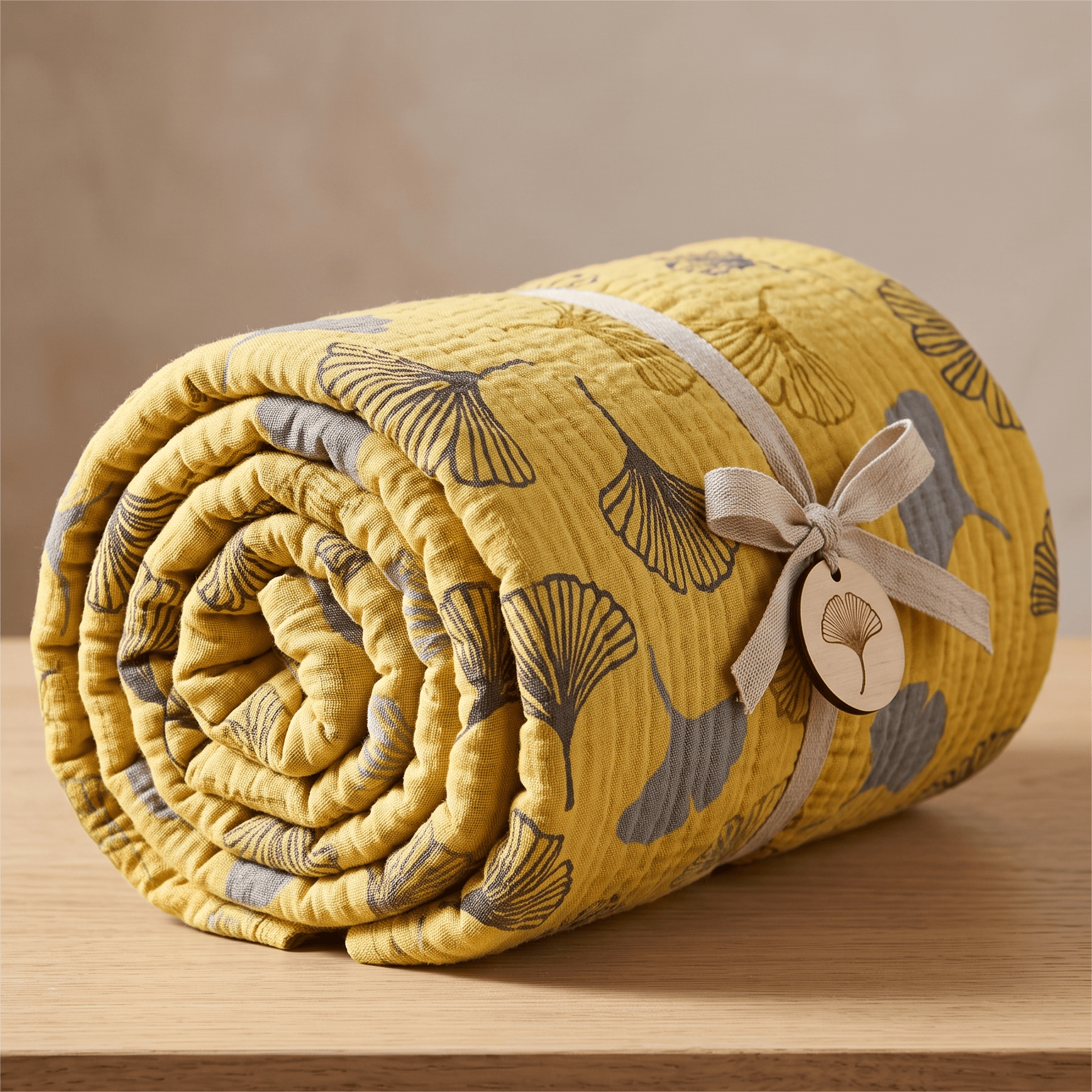 Coperta trapuntata in cotone color senape e ginkgo - Giallo - 91" L x 91"L - image 0