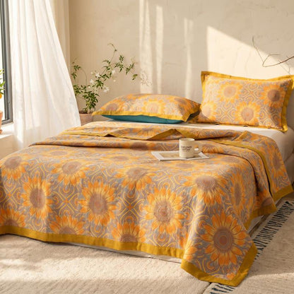 Trapunta a 3 strati in mussola di cotone con motivo girasoli in stile boho - image 1