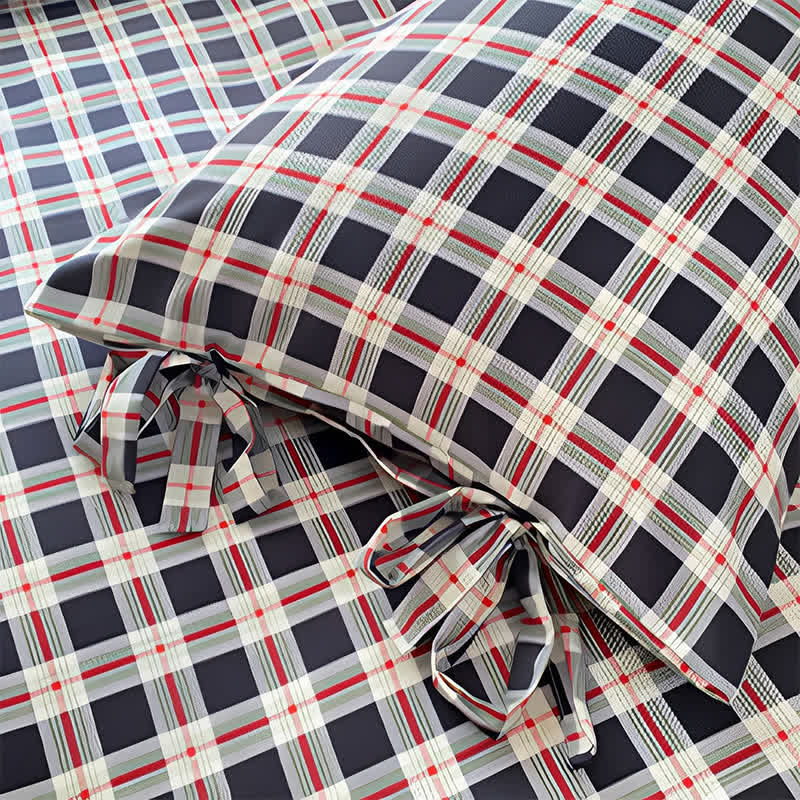 Set di biancheria da letto Heritage Plaid in cotone lavato rosso e blu navy - image 4