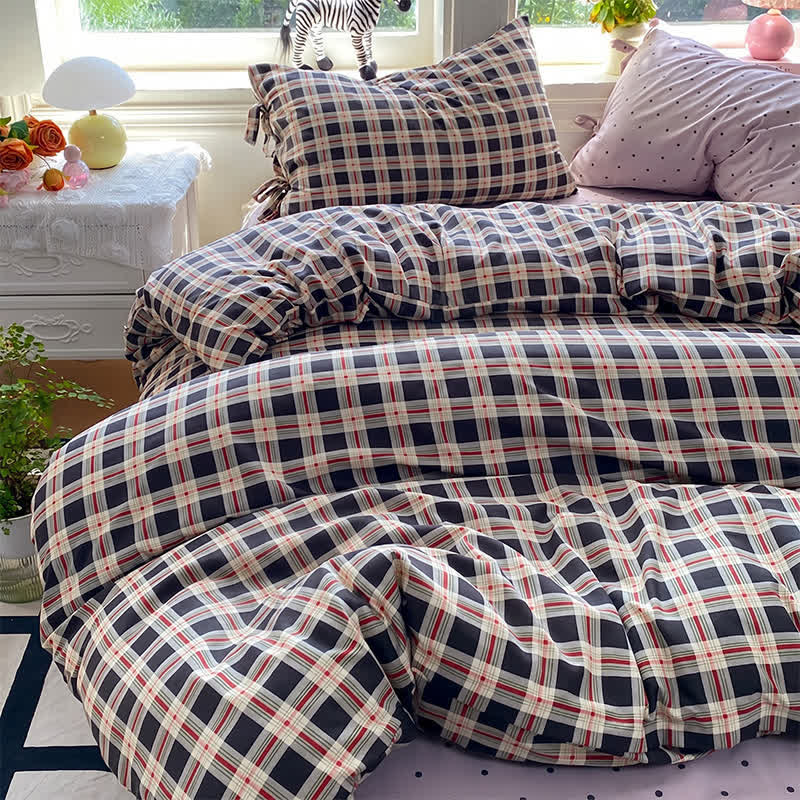 Set di biancheria da letto Heritage Plaid in cotone lavato rosso e blu navy - Blu navy - Matrimoniale Grande - Set di biancheria da letto - image 0