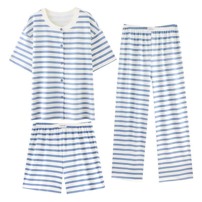 Completo da casa a 3 pezzi in cotone a righe blu - Striscia blu - 2XL - Pulsante Piazza e Mezza - image 1